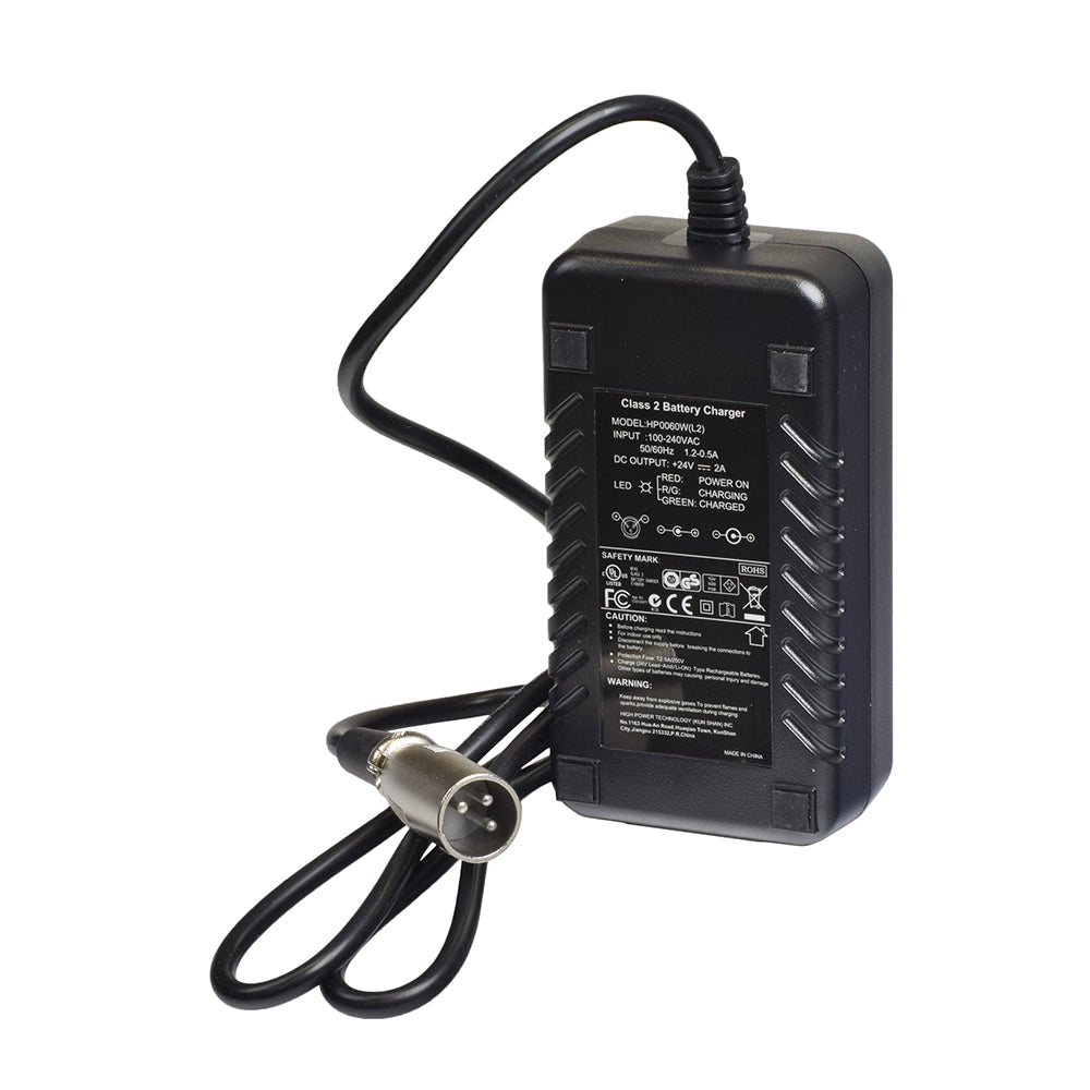 24 Volt 2.0 Amp XLR Lithium-ion Battery Charger for the EV Rider TranSport & TranSport AF Folding Scooter, featuring a compact black design with an attached cable and visible LED indicator lights.