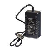 24 Volt 2.0 Amp XLR Lithium-ion Battery Charger for the EV Rider TranSport & TranSport AF Folding Scooter, featuring a compact black design with an attached cable and visible LED indicator lights.