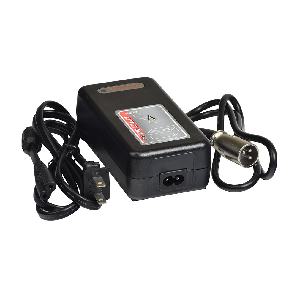 24 Volt 2.0 Amp XLR Lithium-ion Battery Charger for the EV Rider TranSport & TranSport AF Folding Scooter; features a black power supply unit with wires and a plug, ideal for specific Li-ion batteries.