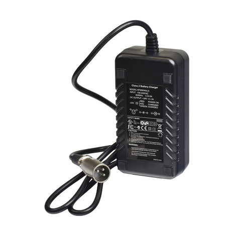 24 Volt 2.0 Amp XLR Lithium-ion Battery Charger for the Go-Go Folding Scooter (S19), featuring a black power supply with attached cable, suitable for 24V, 11.5 Ah Li-ion batteries only.