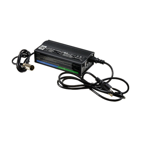 24 Volt 2.0 Amp XLR Li-ion Battery Charger for eZip and IZIP Electric Bikes, showing a compact black power supply with attached wires and white text detailing specifications.