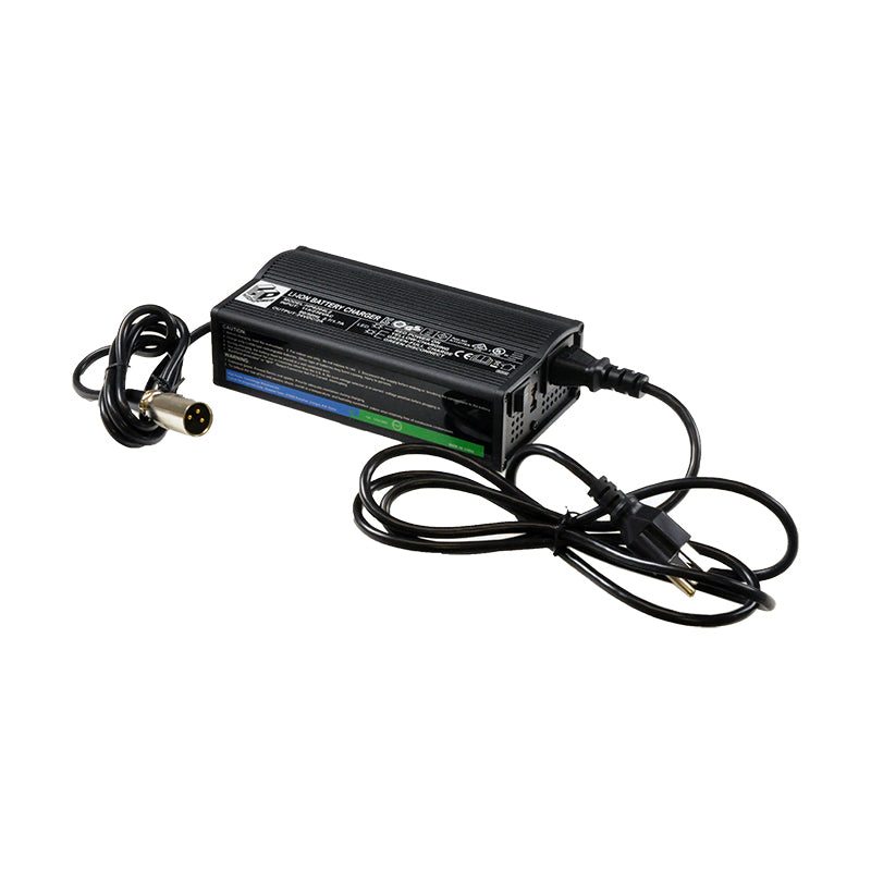 24 Volt 2.0 Amp XLR Li-ion Battery Charger for Electric Bikes, featuring a compact black design with visible wires and clear white text, ideal for fast recharging of lithium-ion batteries.