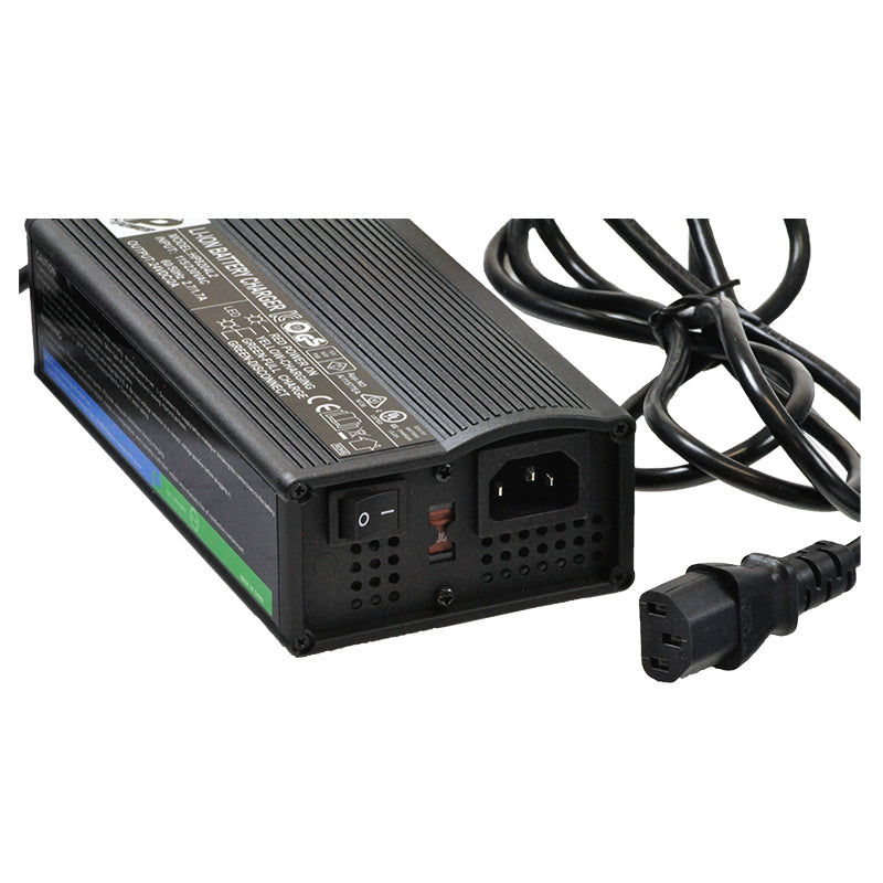 24 Volt 2.0 Amp XLR Li-ion Battery Charger for Electric Bikes, shown with attached cables, designed for fast recharging of lithium-ion batteries, compatible with various e-bike brands and models.