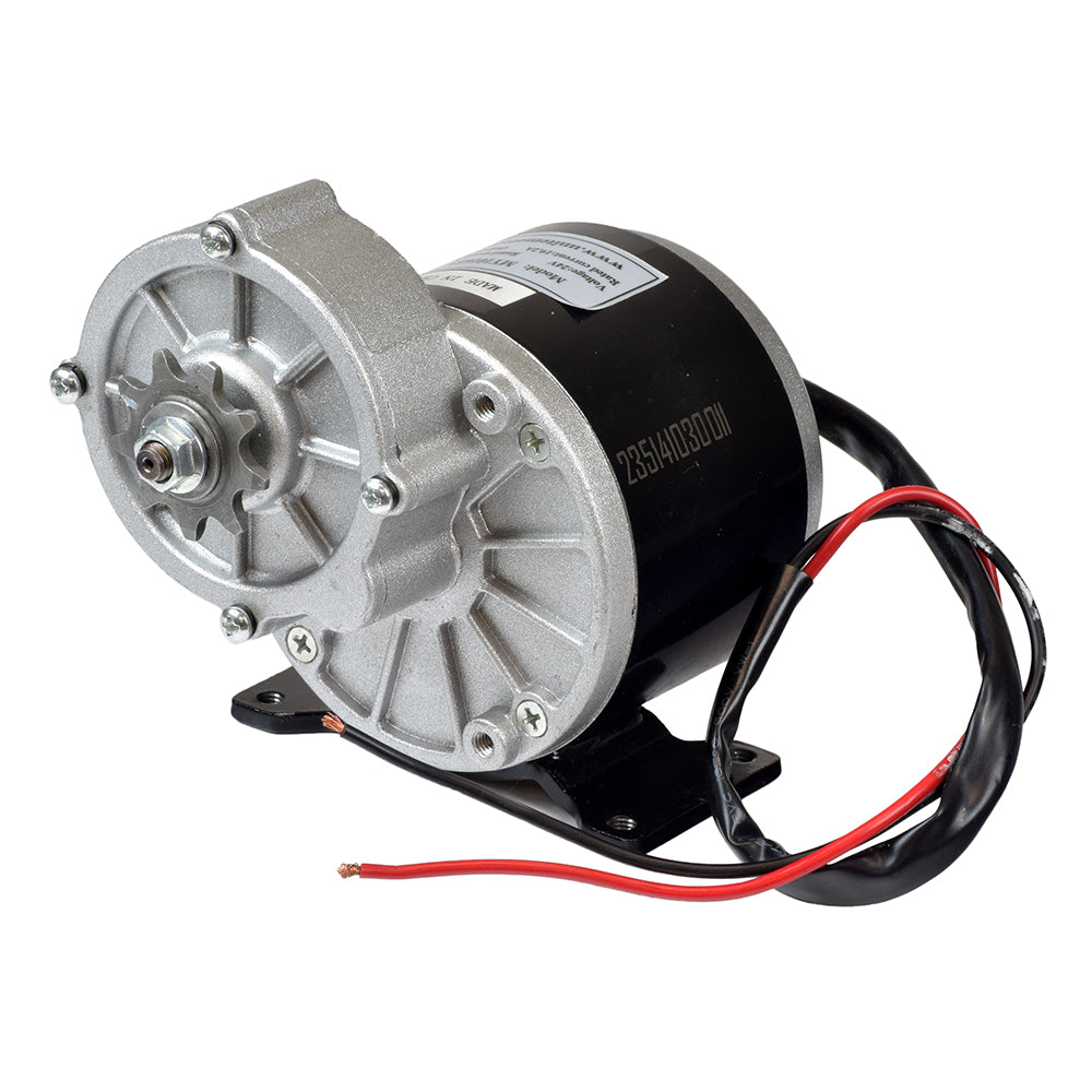 24 Volt 350 Watt MY1016Z3 Gear Reduction Electric Motor with 9 Tooth 1/8 Bicycle Chain Sprocket, featuring attached red and black wires, ideal for custom electric vehicles.