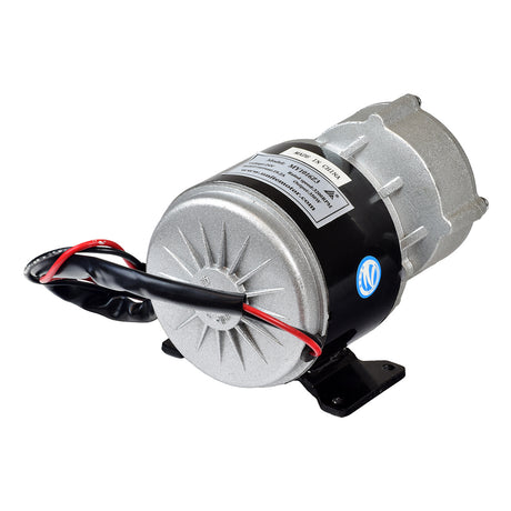 24 Volt 350 Watt MY1016Z3 Gear Reduction Electric Motor with 9 Tooth 1/8 Bicycle Chain Sprocket, featuring a round silver body and black wires, ideal for custom electric vehicles with enhanced torque.