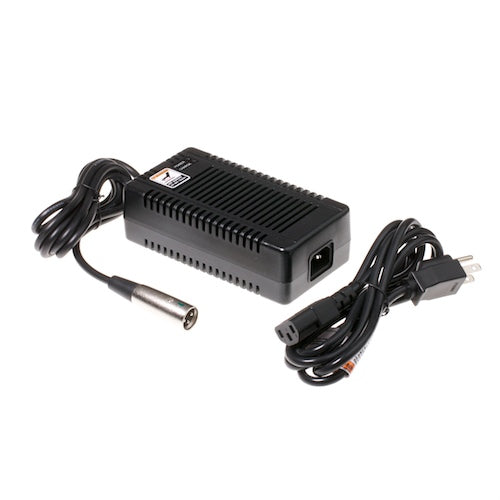 24 Volt 3.0 Amp XLR ELECHG1016 Battery Charger, black with attached cables, white label, XLR connector, and standard 110V AC plug. Discontinued, recommend 24BC3000T-1 as a replacement.