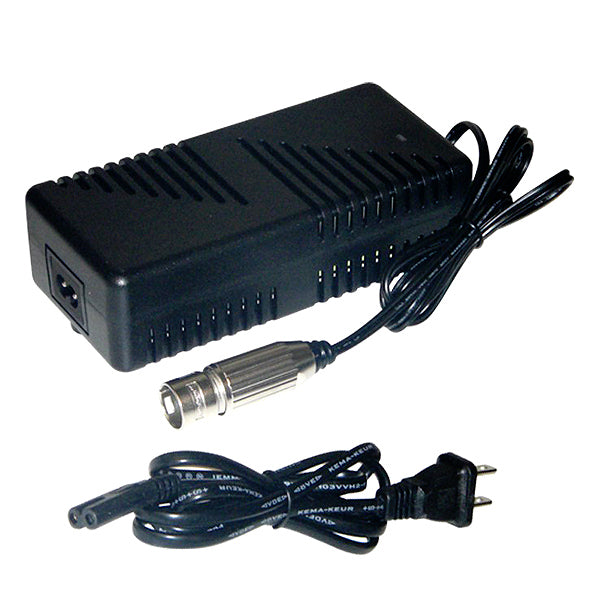 24 Volt 2.0 Amp XLR K2 Lithium-ion (LiFePo4) Electric Bike Battery Charger, featuring a black power supply with attached wires and a cord, designed for high-tech LiFePo4 battery systems.