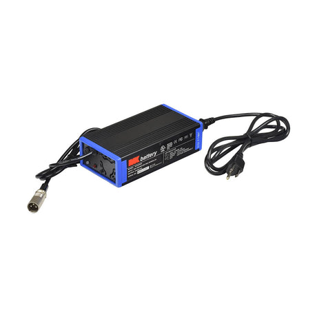 24 Volt 4.0 Amp XLR 4C24040 AGM/Gel Mobility Battery Charger with power cord, plug, and wires, designed for scooters and wheelchairs, featuring LED indicators for charging stages.