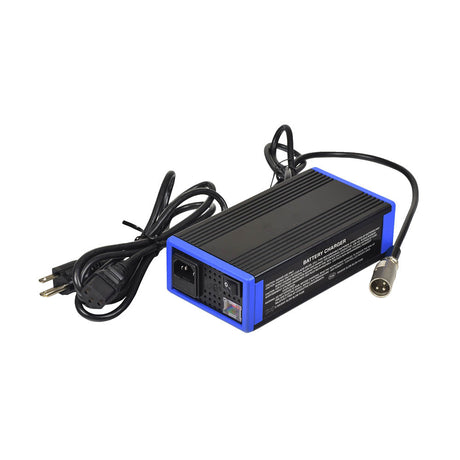 24 Volt 4.0 Amp XLR 4C24040 AGM/Gel Mobility Battery Charger with wires, LED indicators, and connectors for 115/230V AC power supply, suitable for scooters or power wheelchairs.