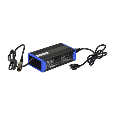 24 Volt 4.0 Amp XLR Charger for Shoprider 6Runner 10, 6Runner 10 Deluxe, FPC, and Trooper, featuring visible wires and connectors for easy plug-in to scooter and household outlets.