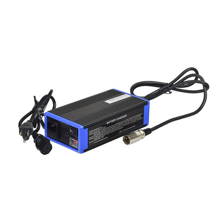 24 Volt 4.0 Amp XLR Charger for Shoprider 6Runner 10, 6Runner 10 Deluxe, FPC, and Trooper, featuring visible wires and an XLR connector for scooters, alongside a standard 110V AC plug.