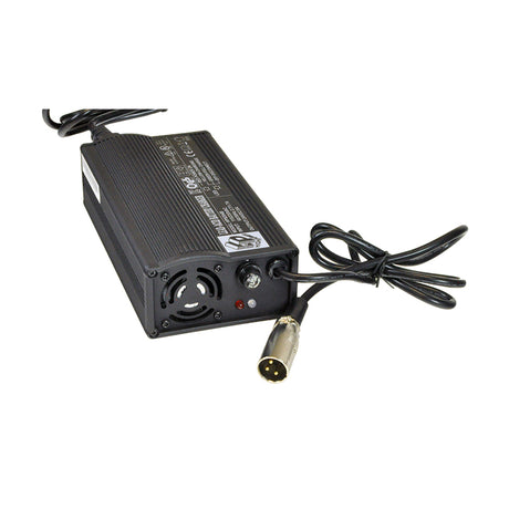 24 Volt 5.0 Amp HP8204B Battery Charger for Merits Mobility Scooters & Power Chairs, featuring wires, an XLR connector, and LED indicators for power, charging, and full charge status.