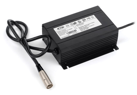 24 Volt 5.0 Amp On-Board Battery Charger with cable and white label for Invacare Pronto M91 Power Chairs, visible as a black electronic device.