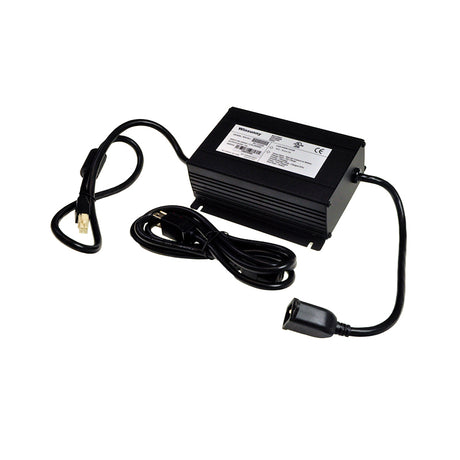 24 Volt 5.0 Amp On-Board Battery Charger with Square Plug for Invacare Pronto M91 and M94 Power Chairs, showing black electronic device with attached wires and a white label.