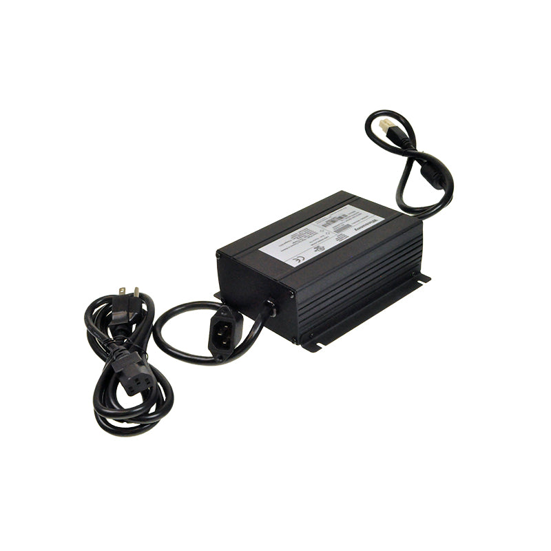 24 Volt 5.0 Amp On-Board Battery Charger with Square Plug for Invacare Pronto M91 and M94 Power Chairs, showing a black electronic device with attached wires.