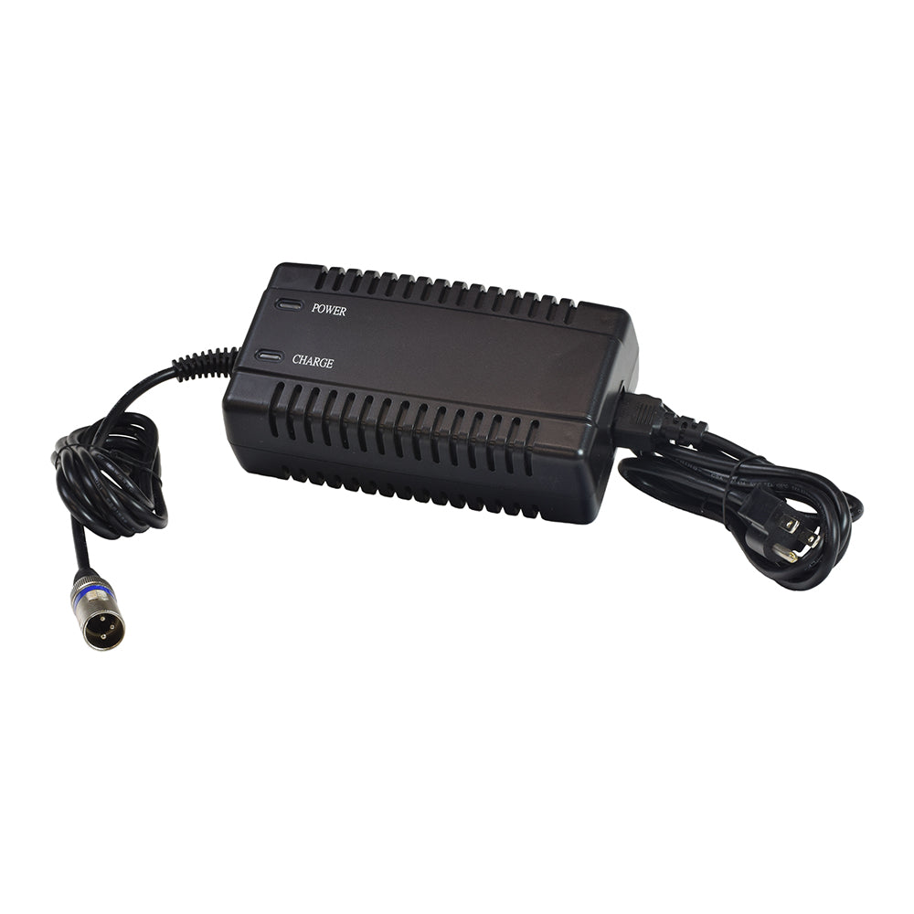 24 Volt 5.0 Amp XLR EA1148D 24BC5000T-4 AGM/Gel Battery Charger for Jazzy 600 ES, Elite 14, Elite HD, and J6 Power Chairs shown with a black power supply and cord.