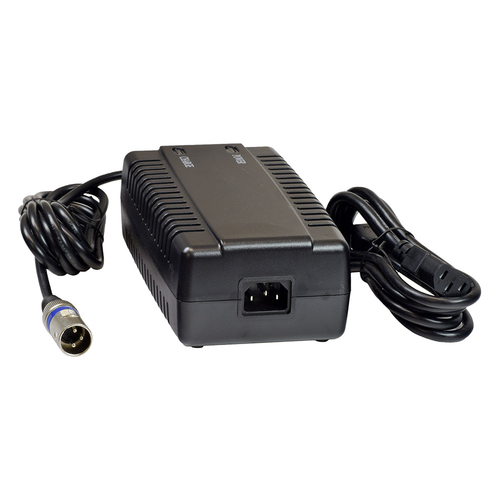 24 Volt 5.0 Amp XLR EA1148D 24BC5000T-4 AGM/Gel Battery Charger for Jazzy 600 ES, Elite 14, Elite HD, and J6 Power Chairs. Black power supply with attached wires and plug.