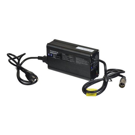 24 Volt 5.0 Amp XLR Battery Charger for Shoprider scooters, featuring a black power supply with attached wires and a visible LED indicator for charge levels.