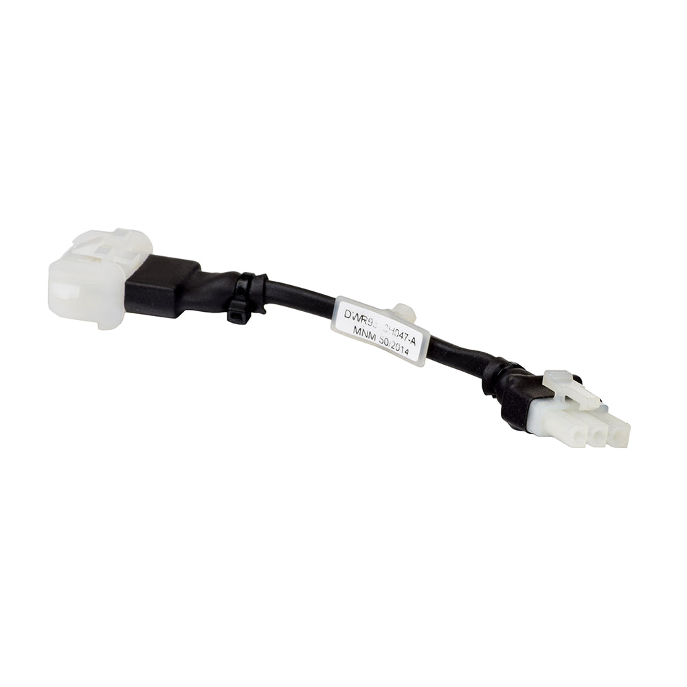 24 Volt DC Wiring Harness for Pride Battery Chargers with a black cable, white label, and 3-pin connectors on both ends, designed for on-board battery chargers in Pride Mobility scooters.