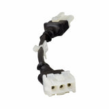 24 Volt DC Wiring Harness for Pride Battery Chargers, featuring close-up views of black cable with white 3-pin connectors on both male and female ends, essential for Pride Mobility scooters' on-board battery chargers.