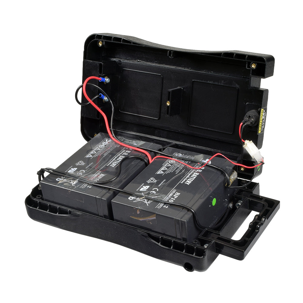 24 Volt Rack Mount Battery Pack for Currie Electric Bikes, featuring a black case with two connected batteries and red wires, ideal for eZip and IZIP bikes.