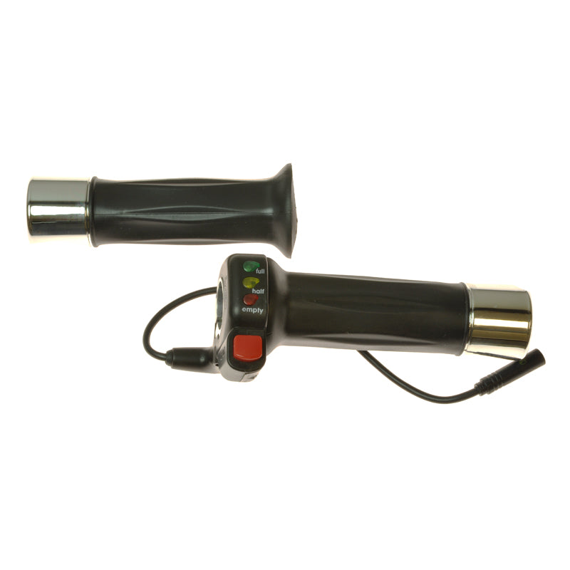 Twist Grip Throttle for Electric Bike Conversion Kits with a black cylindrical design, featuring a cord and a visible red button. Ideal for e-bike projects using Golden Motor Technology kits.