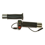 Twist Grip Throttle for Electric Bike Conversion Kits with a black cylindrical design, featuring a cord and a visible red button. Ideal for e-bike projects using Golden Motor Technology kits.