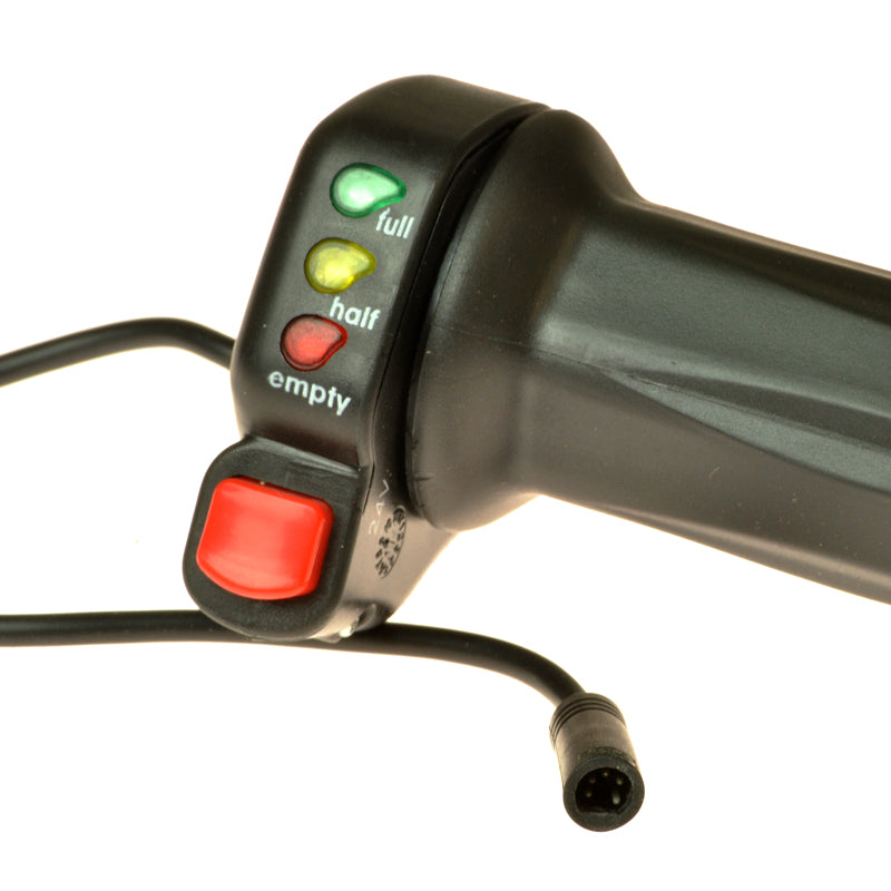 Twist Grip Throttle for Electric Bike Conversion Kits featuring a black handlebar with a red button and switch, ideal for 24V, 36V, or 48V models from Golden Motor Technology.