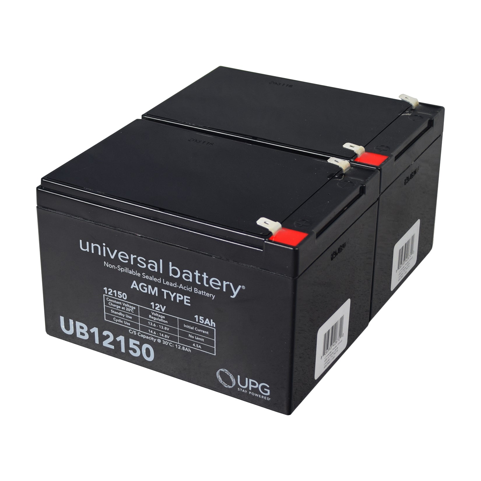 15 Ah 24 Volt UB12150 AGM Scooter Battery Pack, black rectangular battery with white text, featuring a non-spillable design and slide-on F2 clip connectors for easy installation.