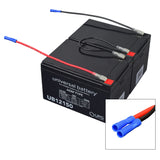 15 Ah 24 Volt UB12150 AGM Scooter Battery Pack shown with red and blue wires attached, showcasing its compact, rectangular design and pre-wired harness for easy installation.