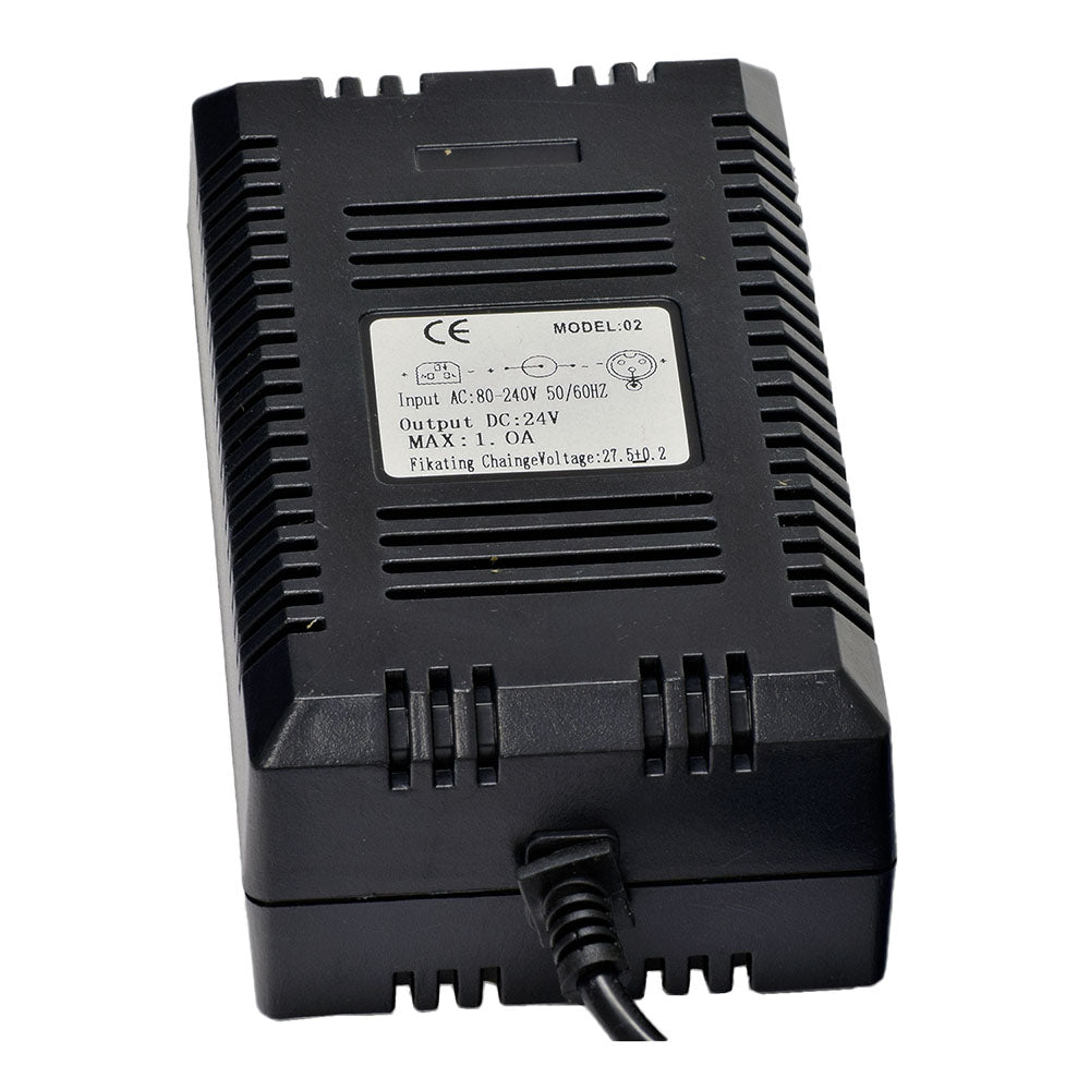 24 Volt 1.0 Amp 3-Prong Battery Charger (Standard) showing a black electronic device with a cord and a white label, suitable for 24 volt 4-6 Ah electric scooter batteries.