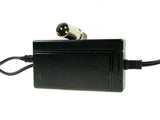 24 Volt 1.5 Amp XLR Battery Charger (Premium) showing a black power cord with plug, close-up of the XLR adapter, and rectangular charger unit. Ideal for various scooter brands.