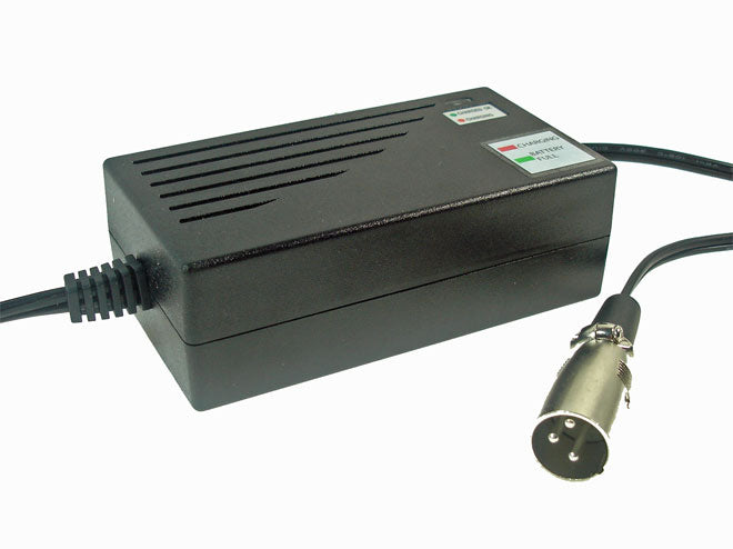 24 Volt 1.5 Amp XLR Battery Charger (Premium) for scooters, showing a black power supply and plug with an XLR connector, suitable for various scooter brands, featuring automatic shut-off and LED indicators.