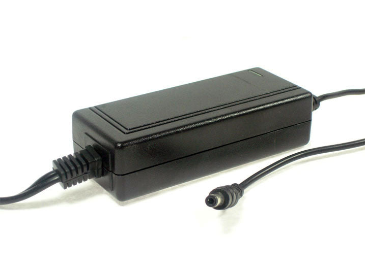 24 Volt 1.6 Amp Coaxial Bladez Battery Charger with a black power cord, designed for Bladez electric scooters. Features include a coaxial female connector and LED indicators for charging status.