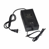 24 Volt 1.6 Amp 2.1mm ID Coaxial Battery Charger, featuring a black power supply with attached wires and a visible label, designed for efficient battery charging with LED indicators for status and automatic shut-off.