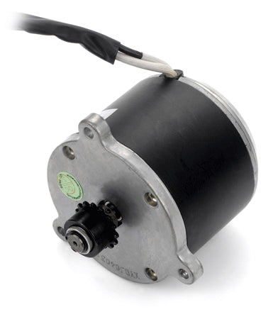 24 Volt 350 Watt Electric Motor with 15 Tooth Chain Sprocket for 350 Series Scooters. Features black wire and silver body, designed for enhanced torque and speed, compatible with most high-powered Currie scooters.