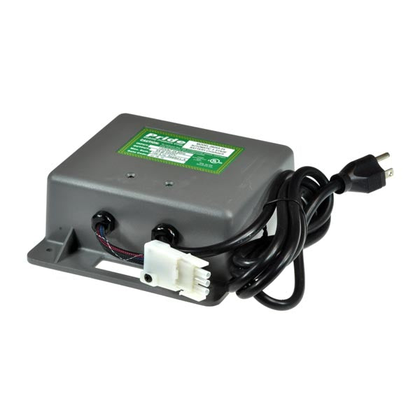 24 Volt 5.0 Amp On-Board Battery Charger for Jazzy Power Chairs (ELE110V1010 & ELEASMB1045) featuring a grey electronic device with wires and OEM Jazzy connectors for easy installation.