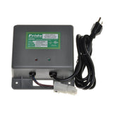 24 Volt 5.0 Amp On-Board Battery Charger for Jazzy Power Chairs, featuring grey casing, connectors, and wires, with a green label. Ideal for various Jazzy models, ensuring reliable charging with easy installation.