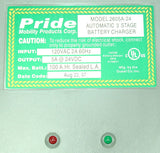 Close-up of the 24 Volt 5.0 Amp On-Board Battery Charger for Jazzy Power Chairs, showing the label, red and green buttons, and OEM Jazzy connectors for easy installation.