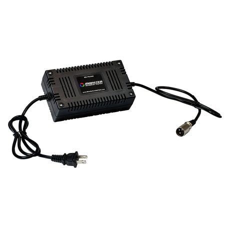 24 Volt 1.6 Amp XLR Battery Charger (Standard) with attached black cable and silver XLR connector, features an LED charge status light and automatic shut off when charging is complete.