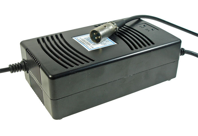 24 Volt 4.0 Amp XLR Battery Charger (Standard) with attached cable and plug, designed for electric scooters. Features multiple LEDs indicating charging status and an automatic shut-off function.