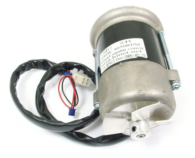 24 Volt 450 Watt Electric Motor with Fan for Bladez XTR-SE 450 Scooters - Refurbished. Close-up of a small electric motor with attached wires and temperature control sensor, suitable for Bladez XTR scooters.