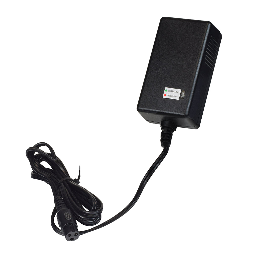 24 Volt 600 mA (0.6 Amp) 3-Prong QL-09009-B2400600H Battery Charger featuring a compact black rectangular design with a white label and attached power cord. Suitable for smaller Razor scooters.