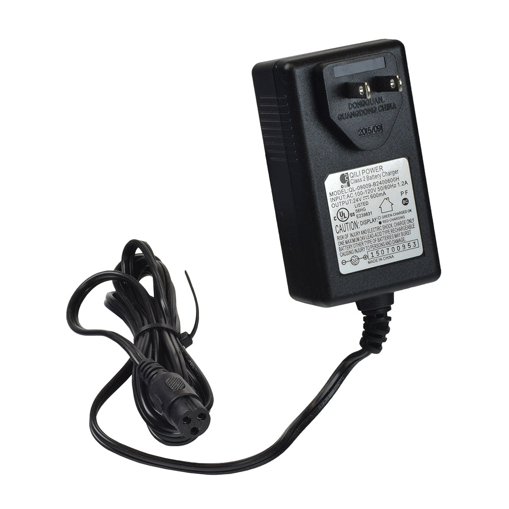 24 Volt 600 mA (0.6 Amp) 3-Prong QL-09009-B2400600H Battery Charger, featuring a black power cord with a white label and a black plug, designed for Razor e100 series scooters.