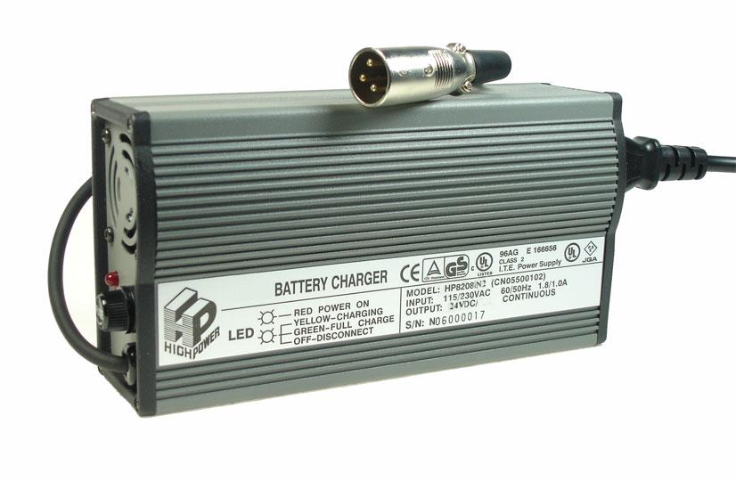 24 Volt 7.0 Amp XLR Battery Charger for mobility scooters and power chairs, featuring a plug, connector, and LED lights indicating charge levels. Suitable for large sealed lead acid batteries.