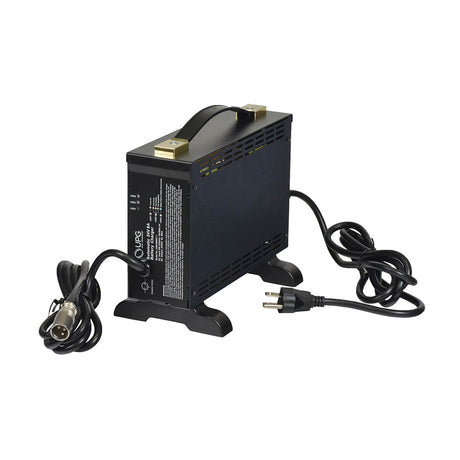 24 Volt 8.0 Amp XLR 24BC8000T-4 Battery Charger for Invacare Power Chairs, featuring a black power supply with attached cables and an XLR connector, shown in a close-up view.