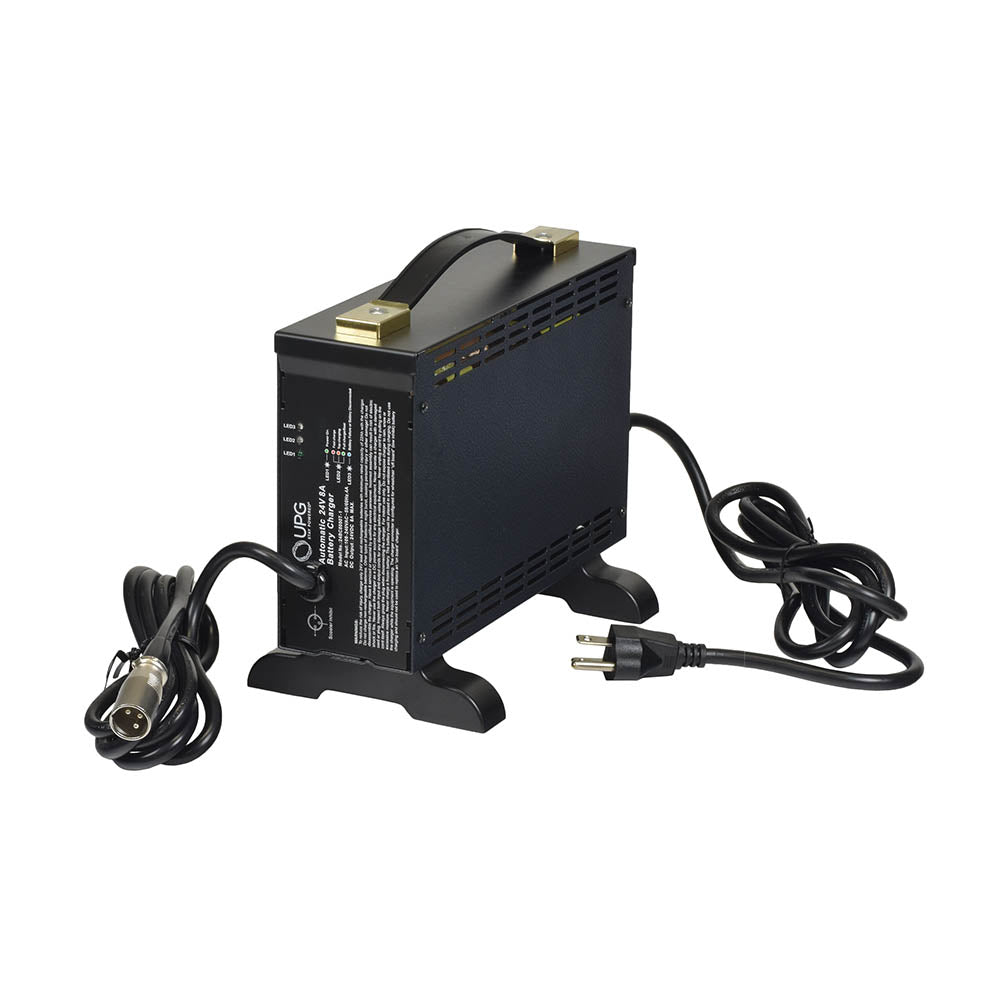 24 Volt 8.0 Amp XLR 24BC8000T-1 Battery Charger featuring a robust black design with visible wires, LED indicators, and a power cord, ideal for charging sealed lead-acid batteries.