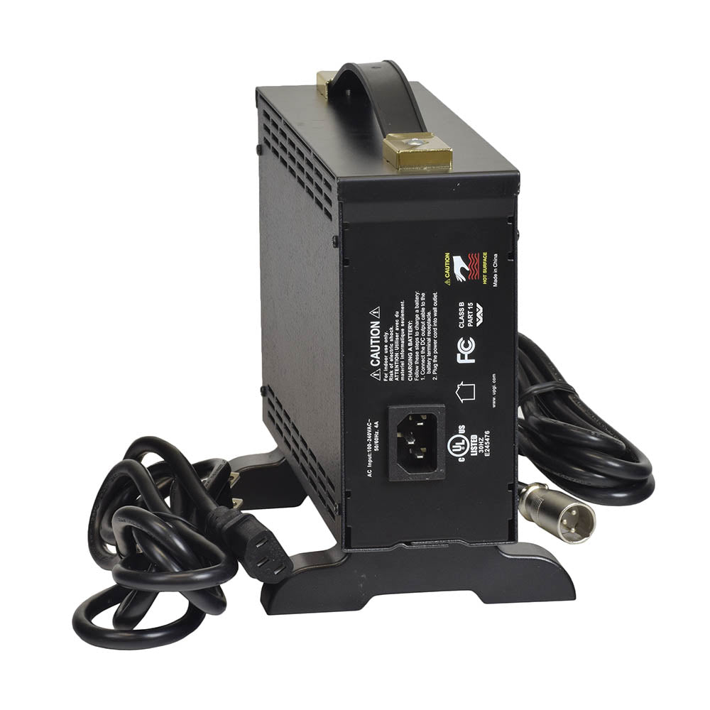 24 Volt 8.0 Amp XLR 24BC8000T-1 Battery Charger: A robust black electronic device with a cord, LED indicators for charge levels, and a white label. Suitable for AGM and GEL sealed lead-acid batteries.