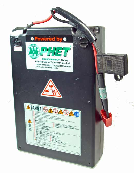 24 Volt Lithium Iron Phosphate Battery for Shoprider Featherlite and Smartie (OEM), shown with an attached cable, featuring new Enviro-friendly technology for high performance and extended life.