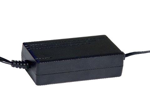 24 Volt 2.0 Amp XLR Battery Charger, featuring a sleek black rectangular casing and a detachable power cord, designed for efficient charging with automatic cut-off and float mode.